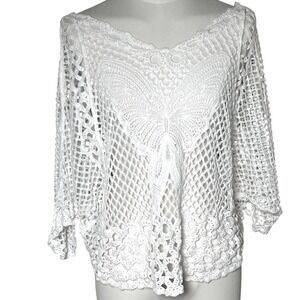 Boho Butterfly Crochet Top White Open Knit Batwing OS Festival